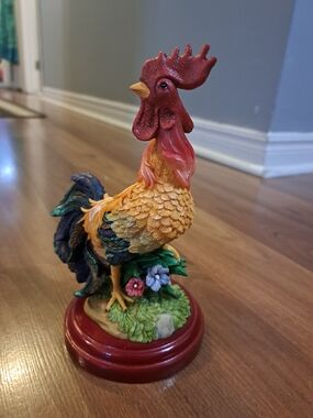 Colorful Rooster Figurine On A Wooden Stand - Red, Yellow, Green